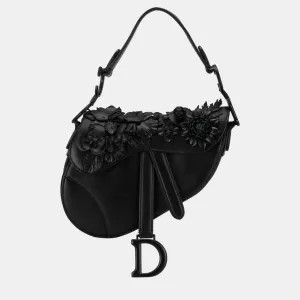 Black Mini Lambskin Floral Applique Saddle