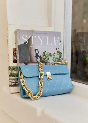 Blue Chain Flap Baguette Bag