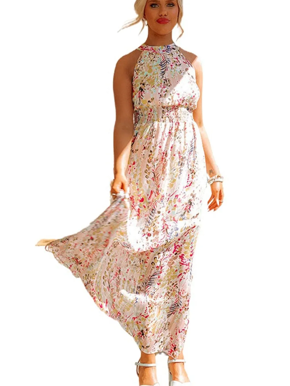 Bohemian Halterneck Maxi Floral Dress with Back Ribbon Ties