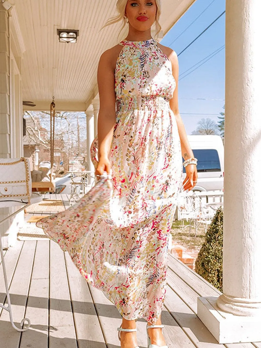 Bohemian Halterneck Maxi Floral Dress with Back Ribbon Ties