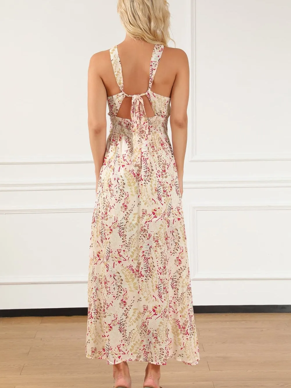 Bohemian Halterneck Maxi Floral Dress with Back Ribbon Ties