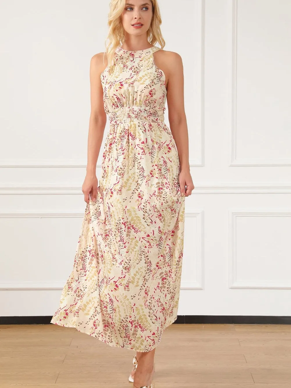 Bohemian Halterneck Maxi Floral Dress with Back Ribbon Ties