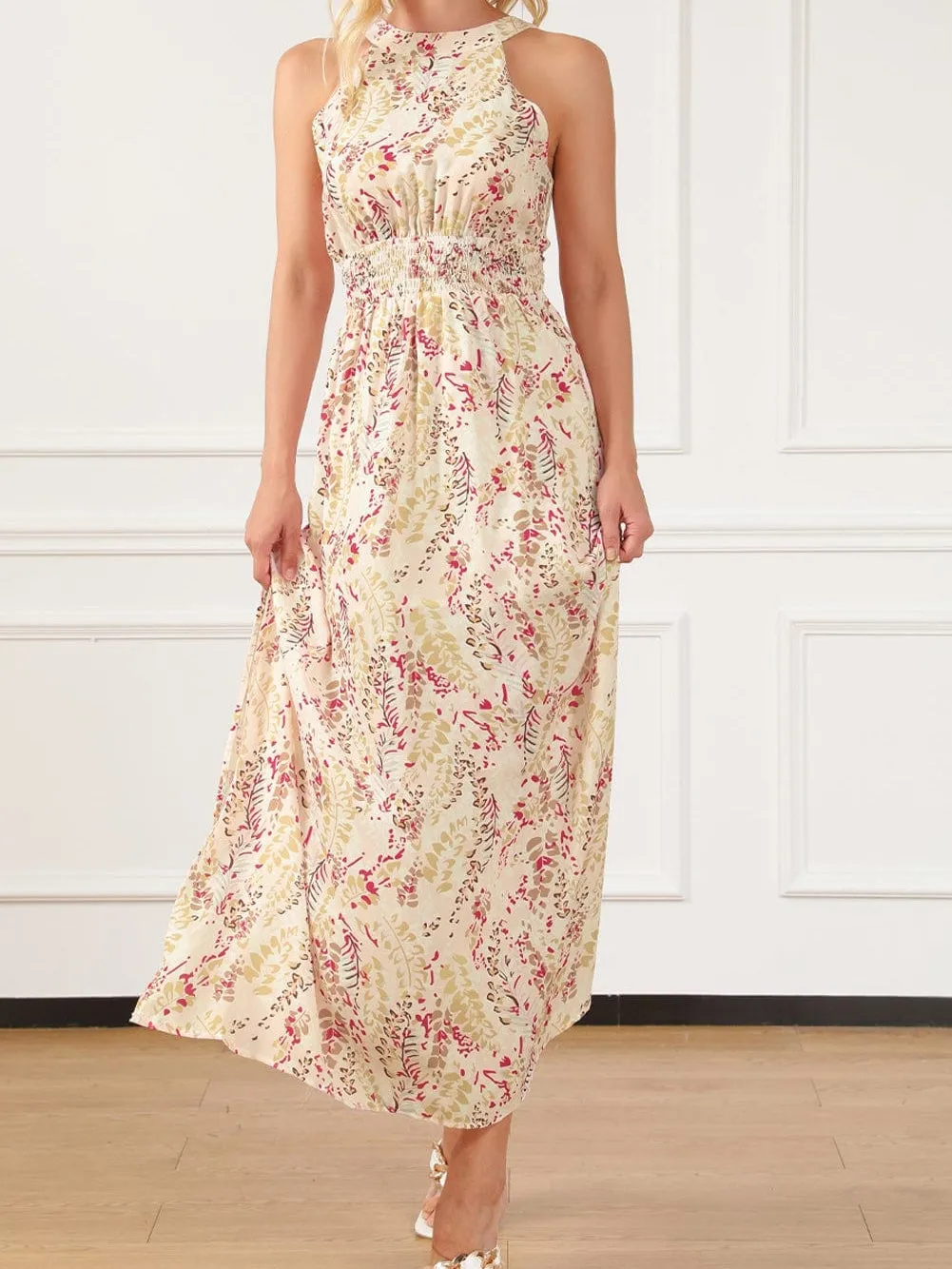 Bohemian Halterneck Maxi Floral Dress with Back Ribbon Ties