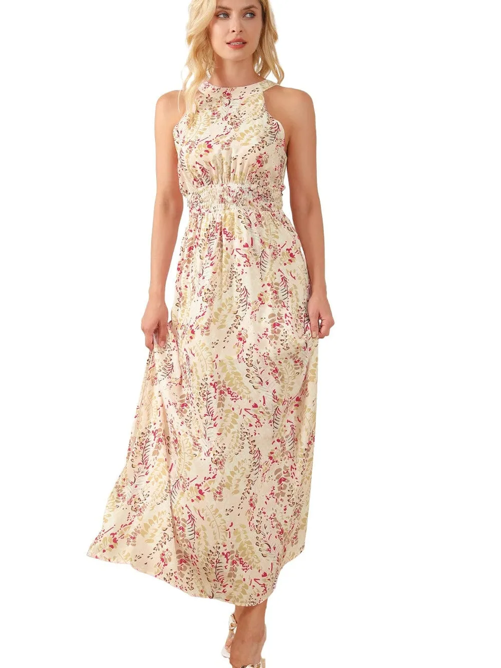 Bohemian Halterneck Maxi Floral Dress with Back Ribbon Ties