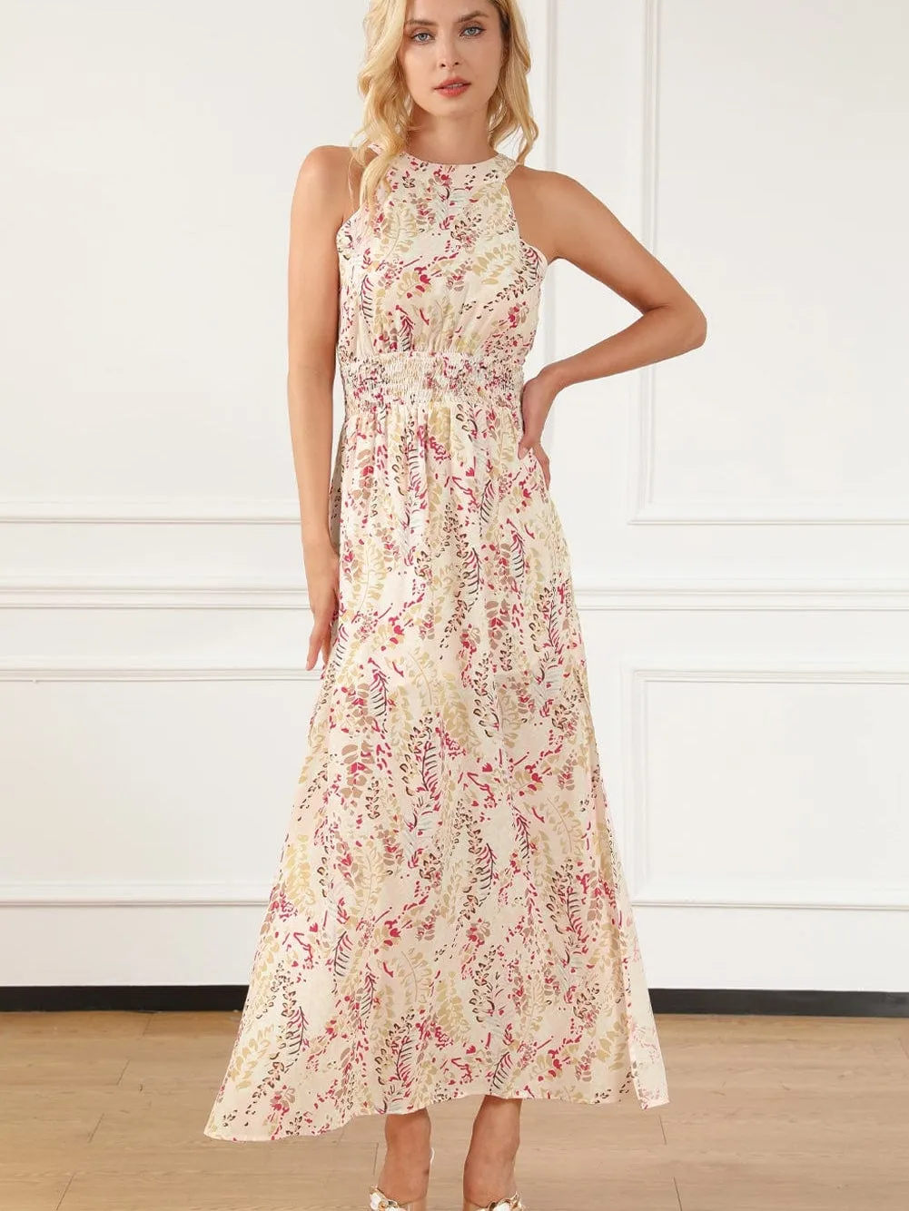 Bohemian Halterneck Maxi Floral Dress with Back Ribbon Ties