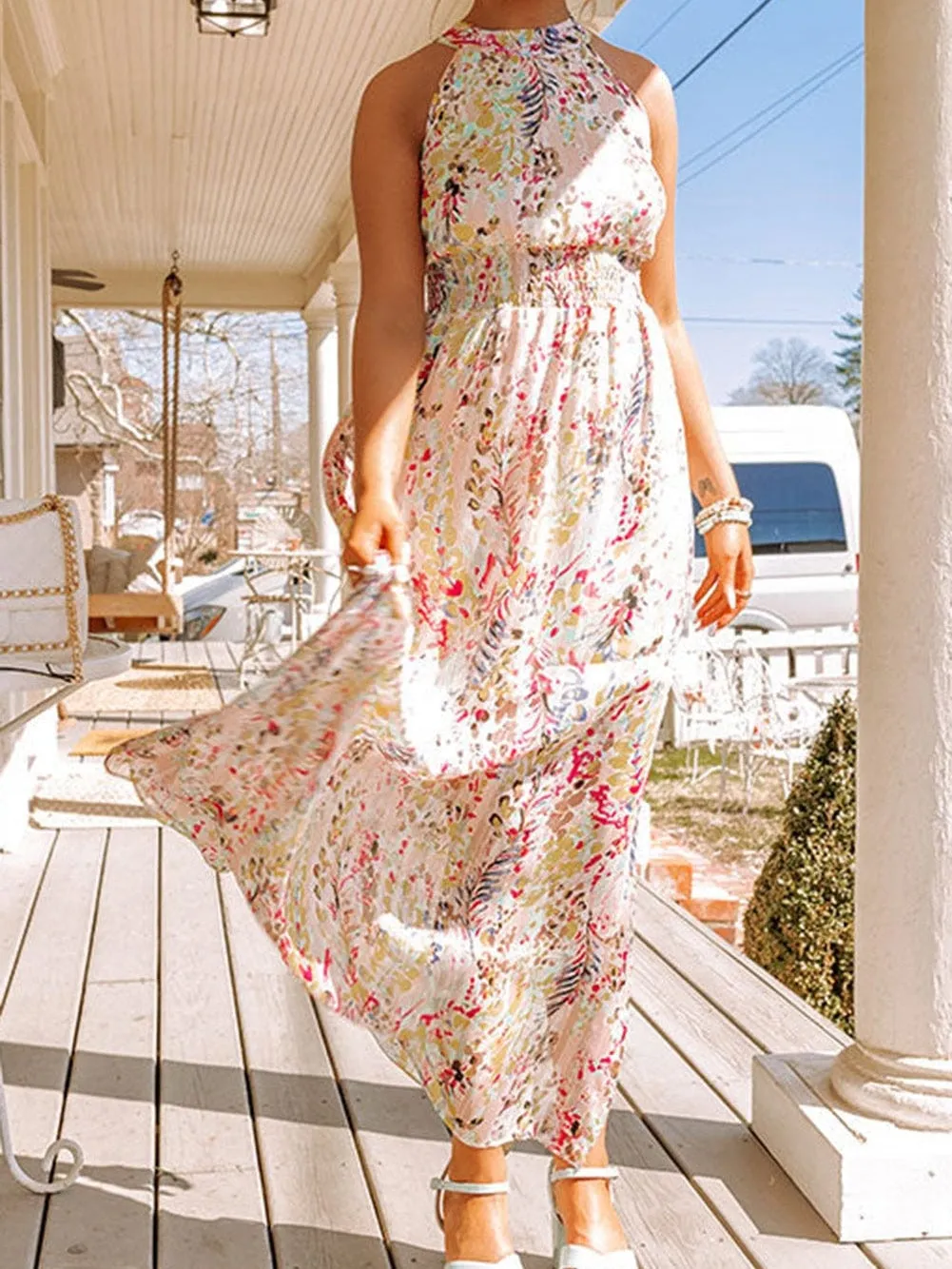 Bohemian Halterneck Maxi Floral Dress with Back Ribbon Ties