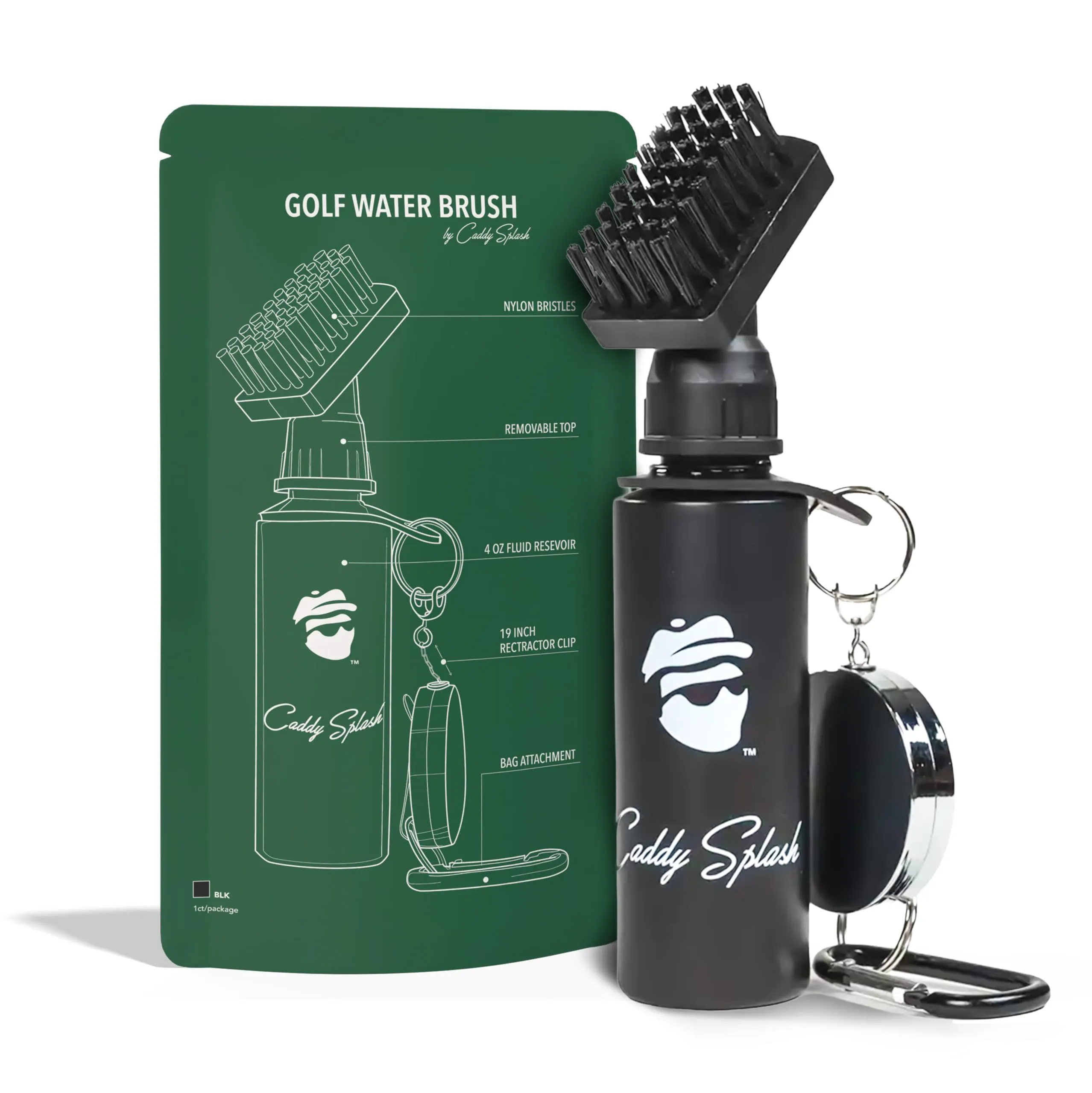 Caddy Splash Premium Golf Club Cleaner with Water- Heavy Duty Retractable Clip- Squeeze Bottle for Easy Cleaning with Nylon Bristles- Golf Water Brush- Holds 4 Oz Water- USA Company