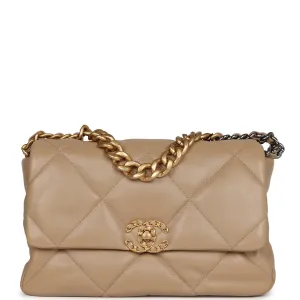 Chanel Large 19 Flap Bag Dark Beige Lambskin Mixed Hardware