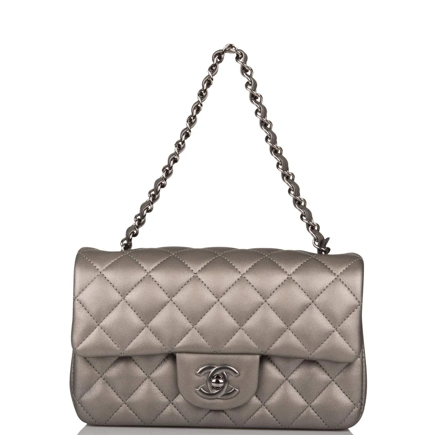 Chanel Mini Rectangular Flap Bag Ruthenium Metallic Lambskin Silver Hardware