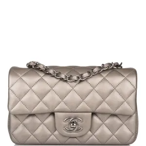 Chanel Mini Rectangular Flap Bag Ruthenium Metallic Lambskin Silver Hardware