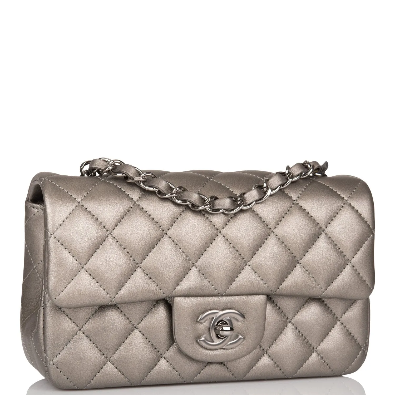 Chanel Mini Rectangular Flap Bag Ruthenium Metallic Lambskin Silver Hardware