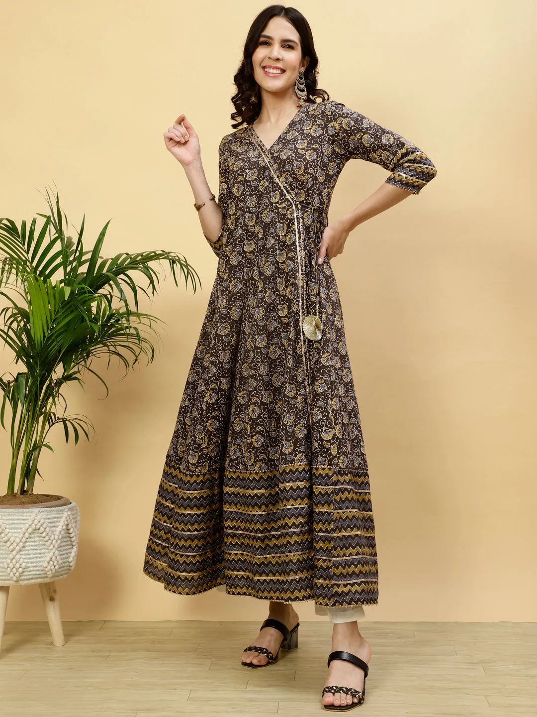 Charcoal Grey Ethnic Print Angrakha Kurta