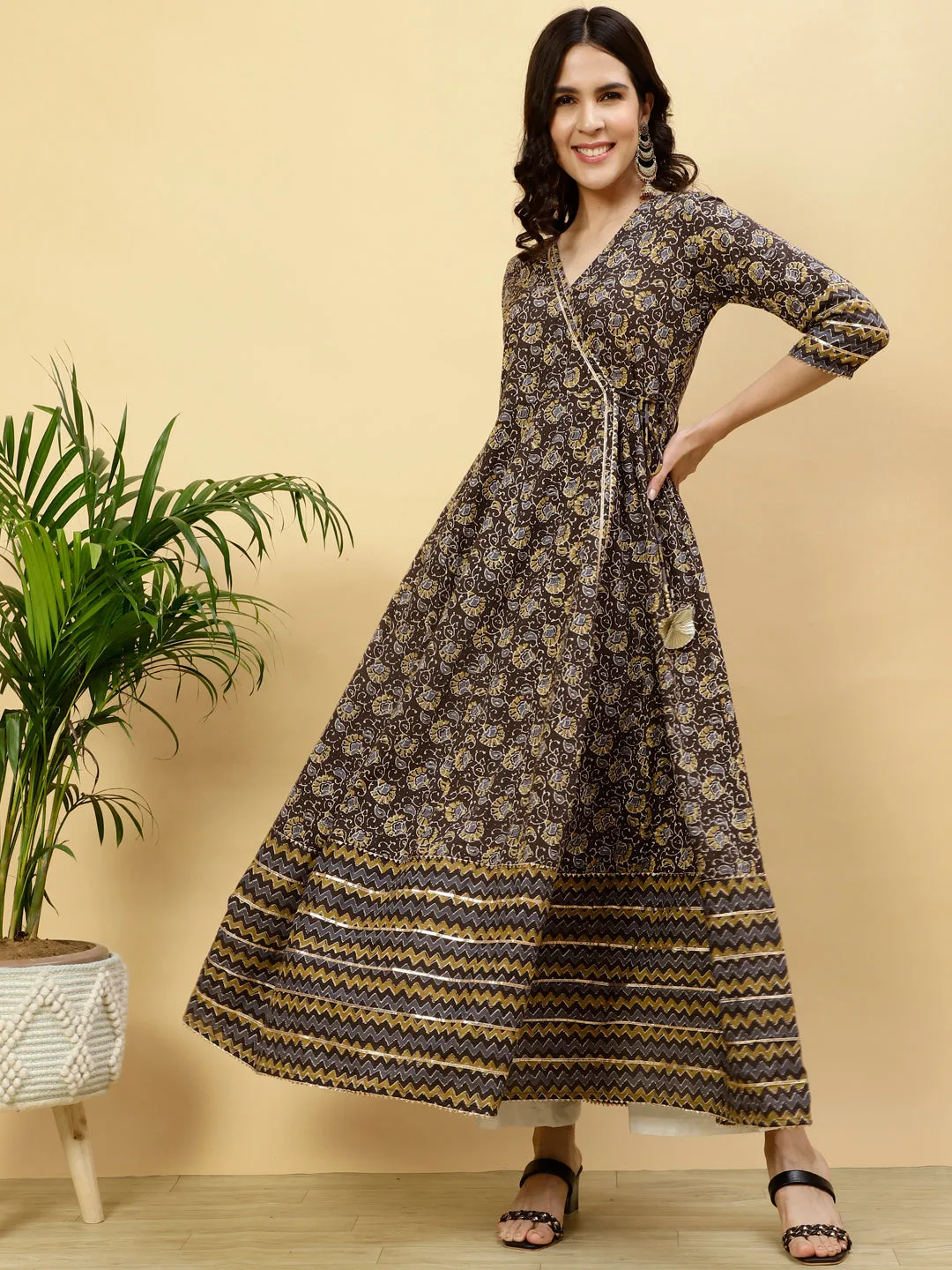 Charcoal Grey Ethnic Print Angrakha Kurta