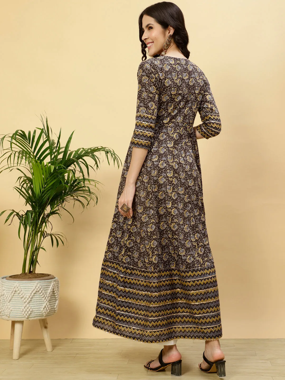 Charcoal Grey Ethnic Print Angrakha Kurta