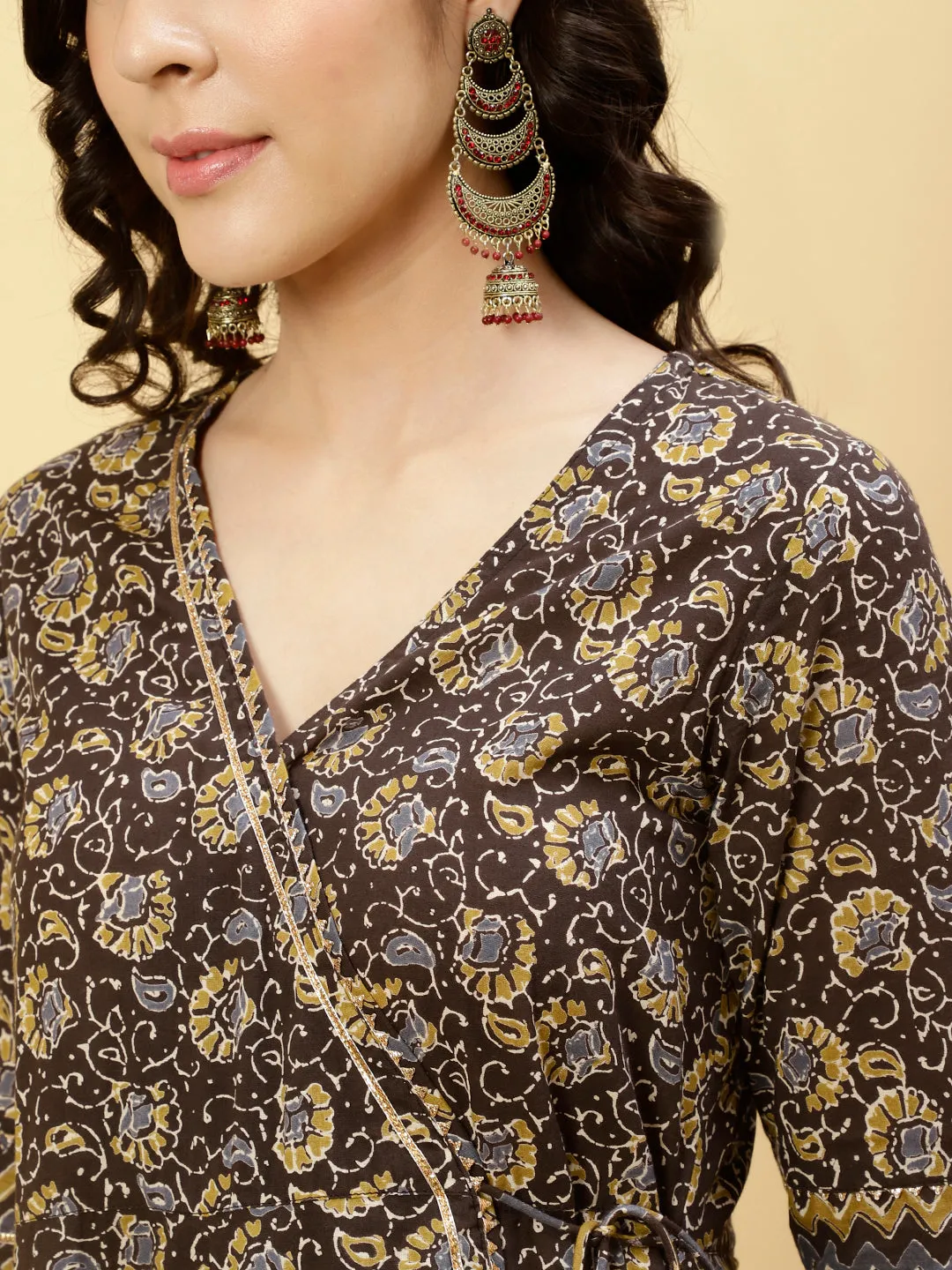 Charcoal Grey Ethnic Print Angrakha Kurta