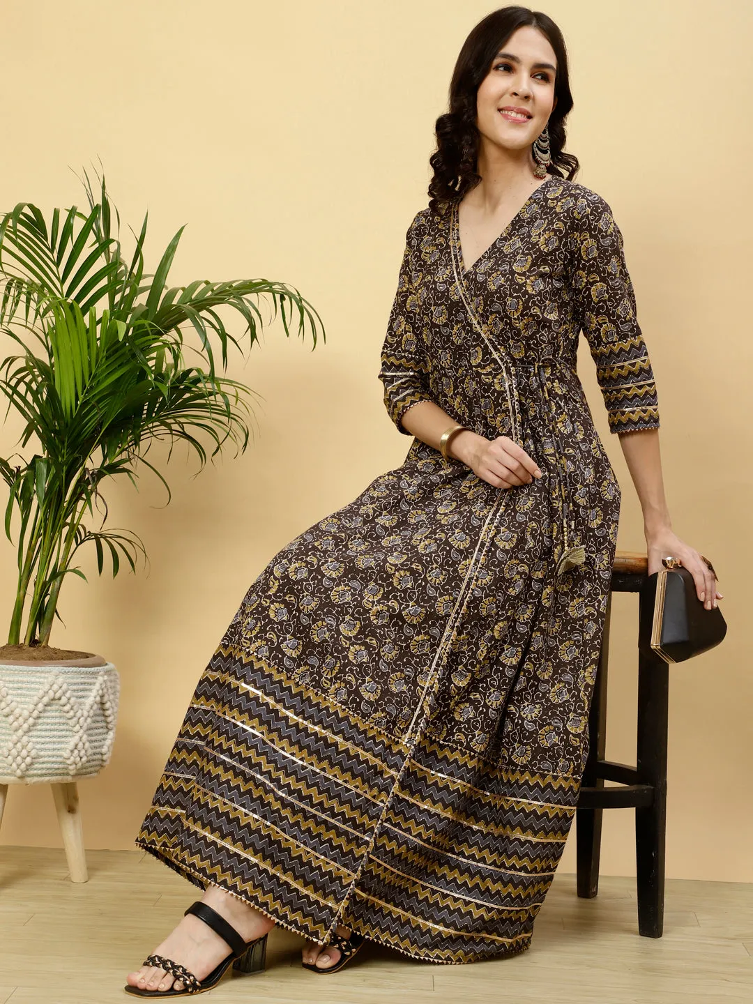 Charcoal Grey Ethnic Print Angrakha Kurta