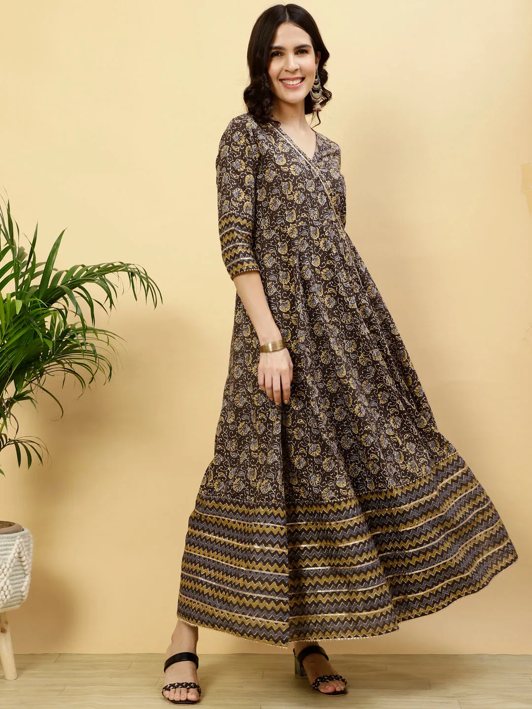 Charcoal Grey Ethnic Print Angrakha Kurta