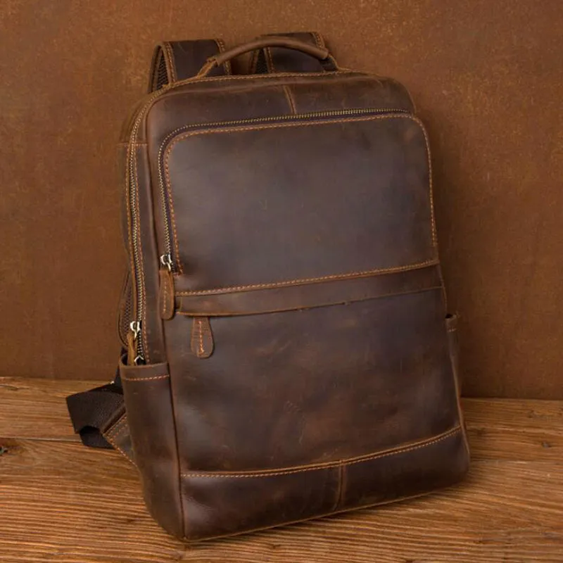 Crazy Horse Leather Backpack Men Laptop Backpack Handmade Travel Backpack MSG7635