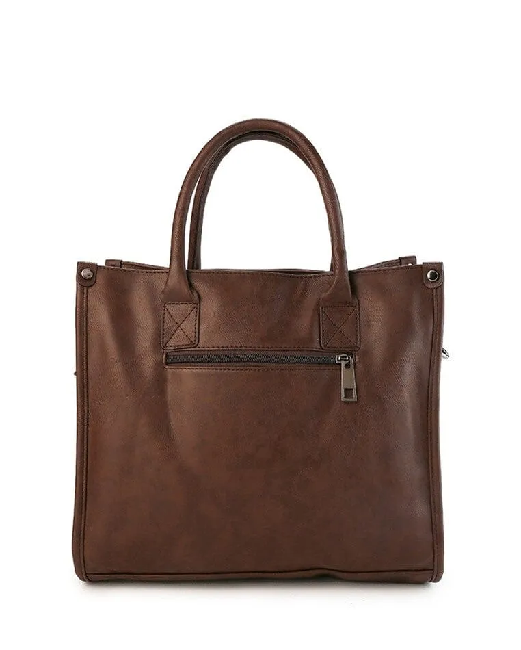 Distressed Leather Commuter Tote Bag - Dark Brown