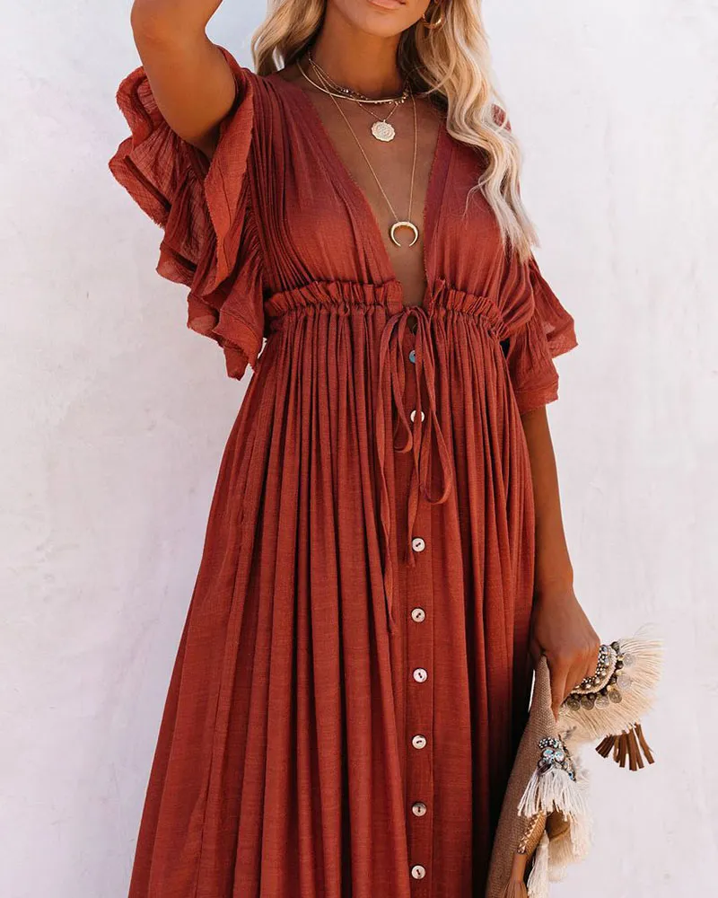 Doll Sleeve V-Neck Tie Cardigan Dress