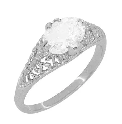 Edwardian Filigree 1.15 Ct. East West Oval White Topaz Promise Ring in Sterling Silver