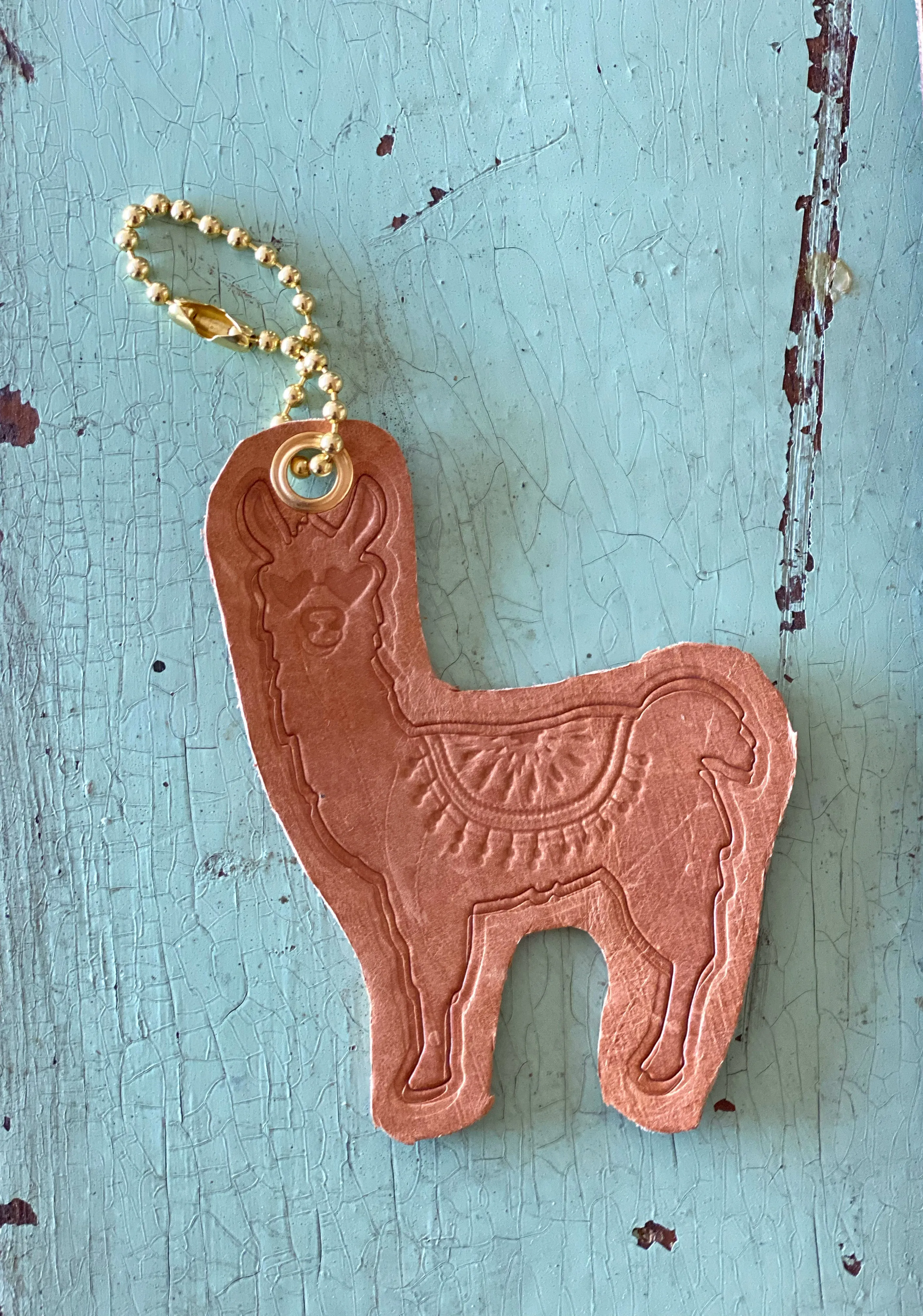 Embossed Leather Die Cut Llama Alpaca Charm Purse Bag Backpack Vegetable Tanned Ball Chain Keyring Key Fob