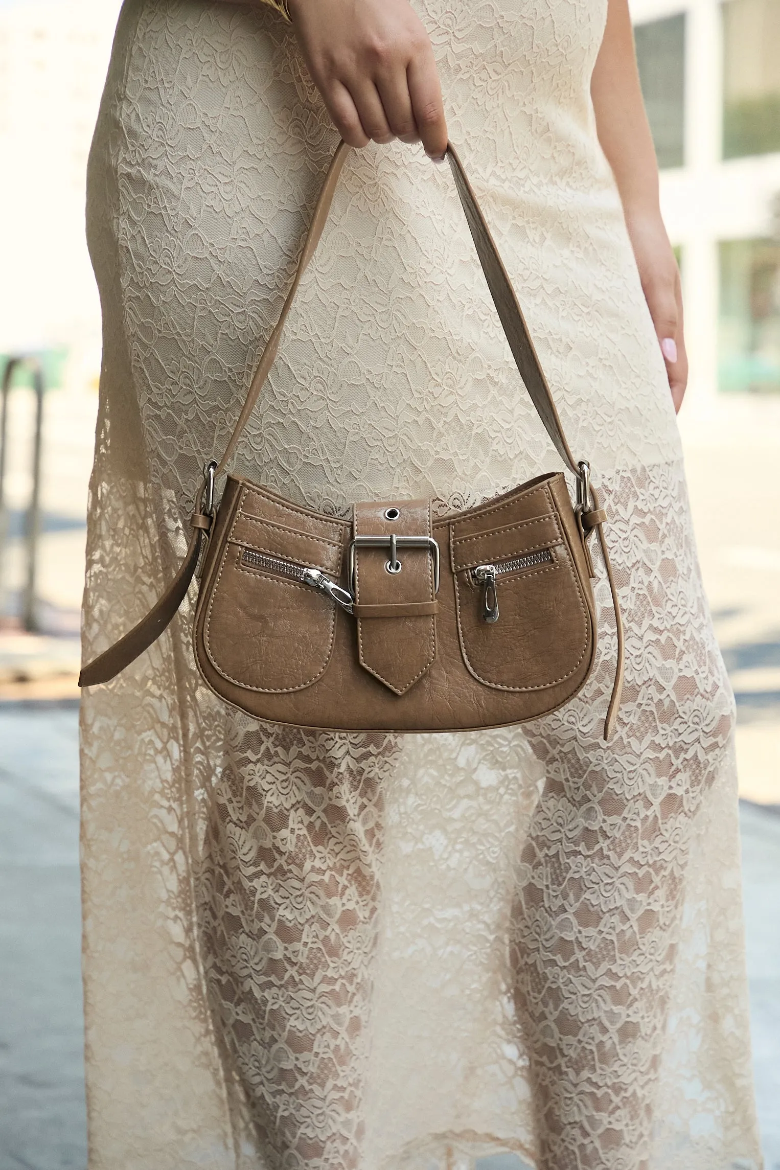 Faux Leather Buckled Shoulder Bag