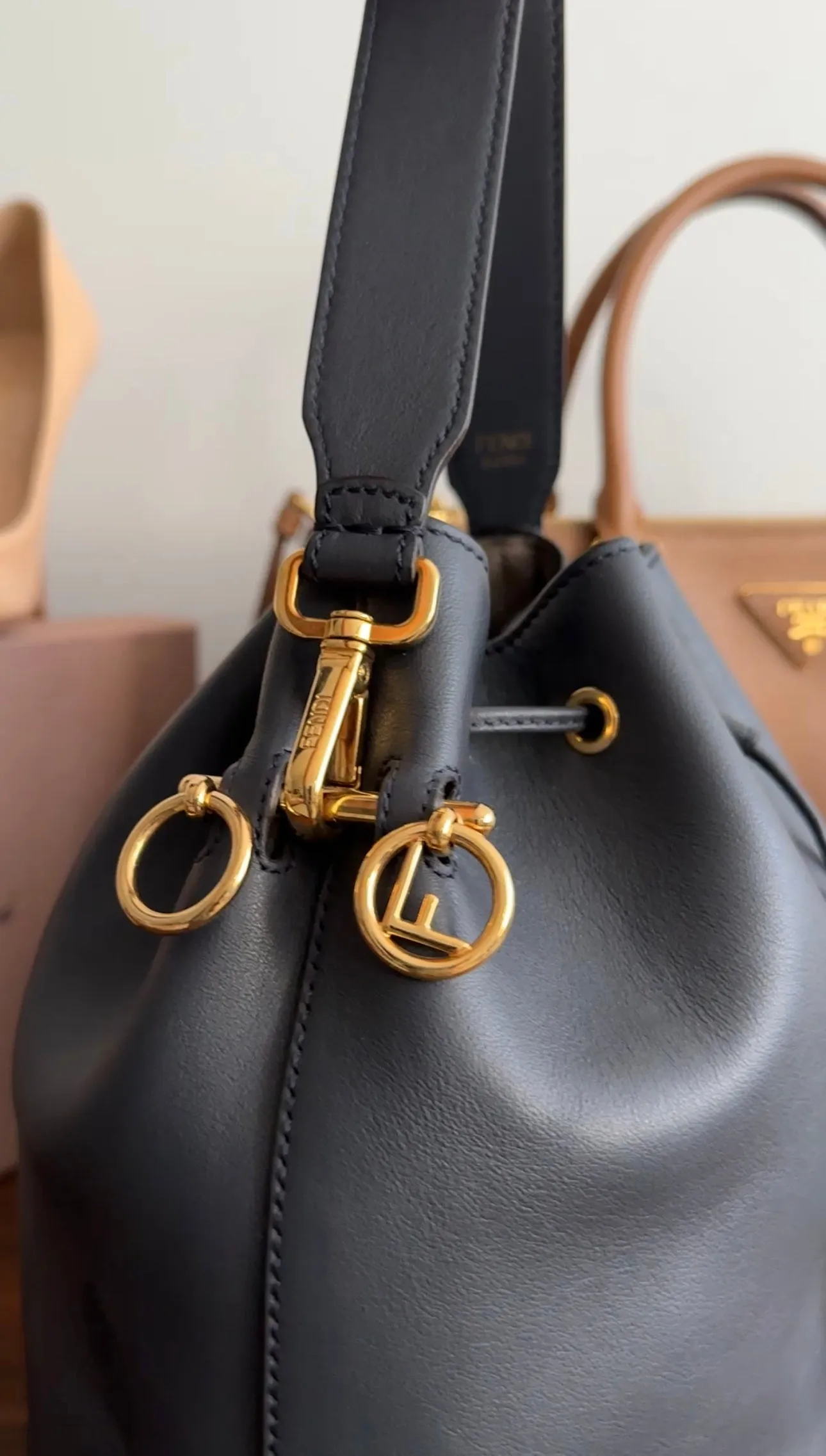 Fendi Navy Leather Mon Tresor Drawstring Bucket Bag