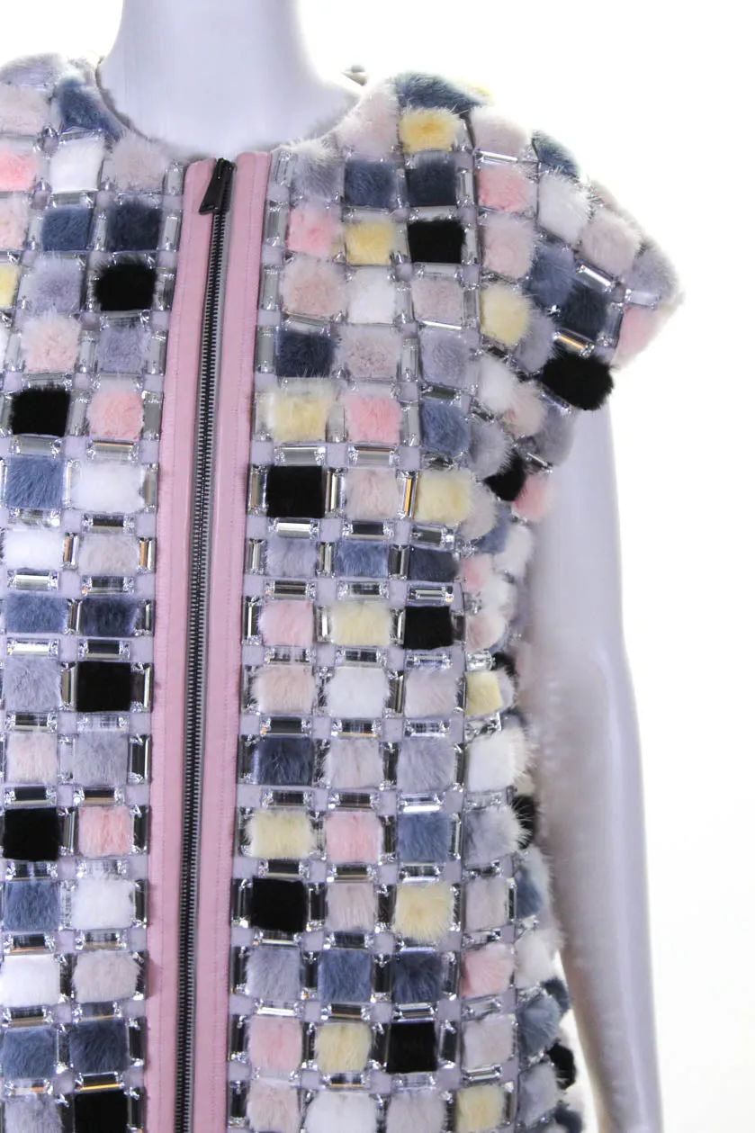 Fendi Womens Sleeveless Leather Trim Jeweled Fur Zipper Vest Pink