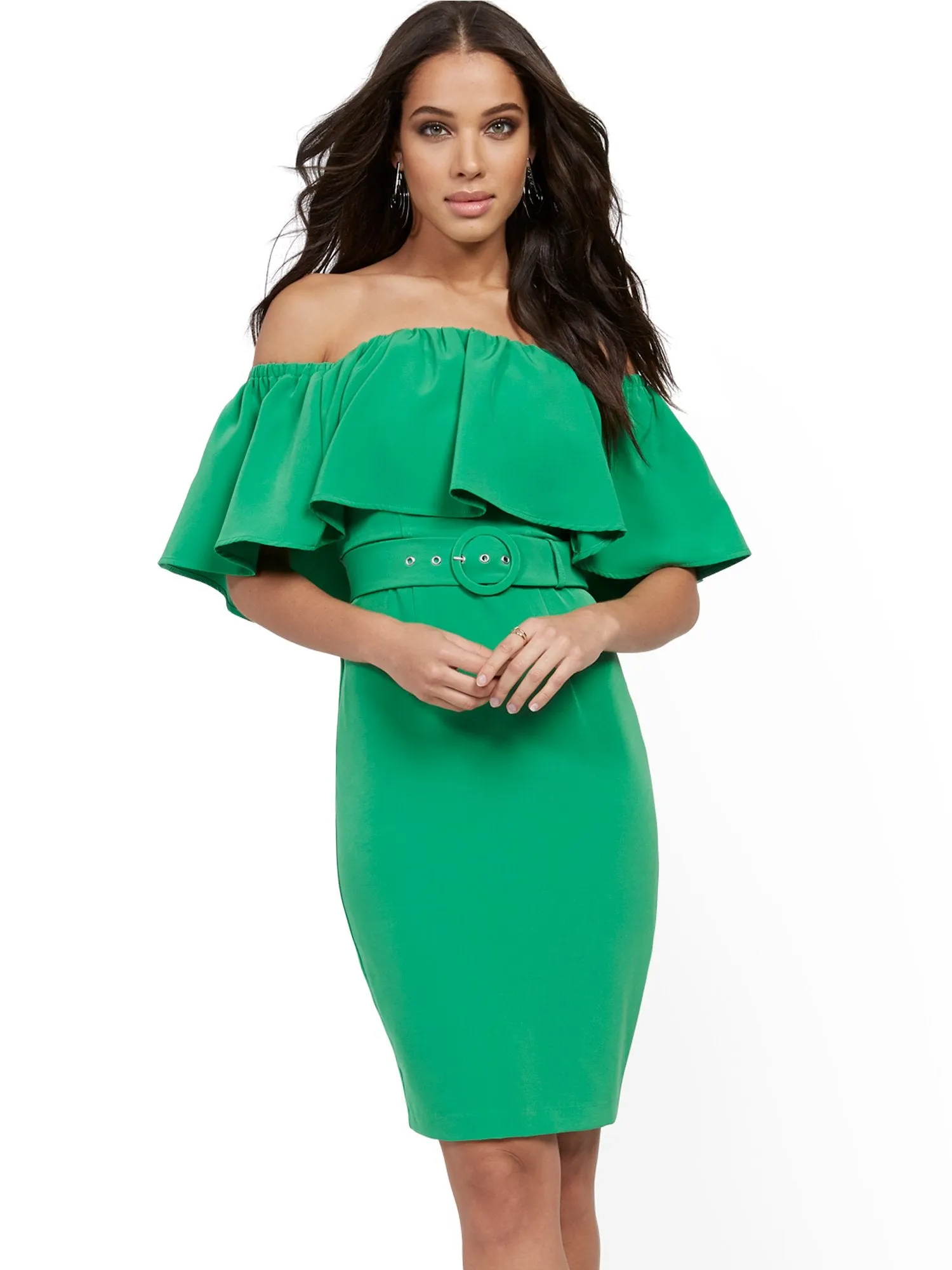 Flounced Off-The-Shoulder Sheath Dress