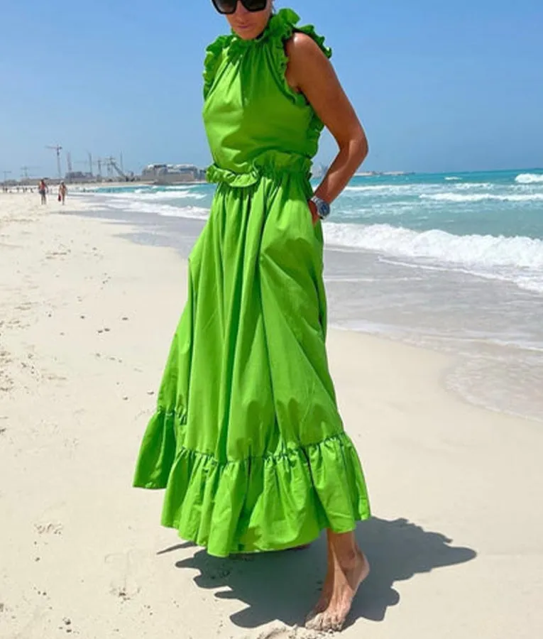 Flouncing & Backless Maxi Dress In Pistachio