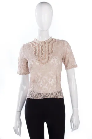 Givans Vintage Short Sleeve Blouse Dusky Pink Lace with Embroidery Size 36 (UK8/10)