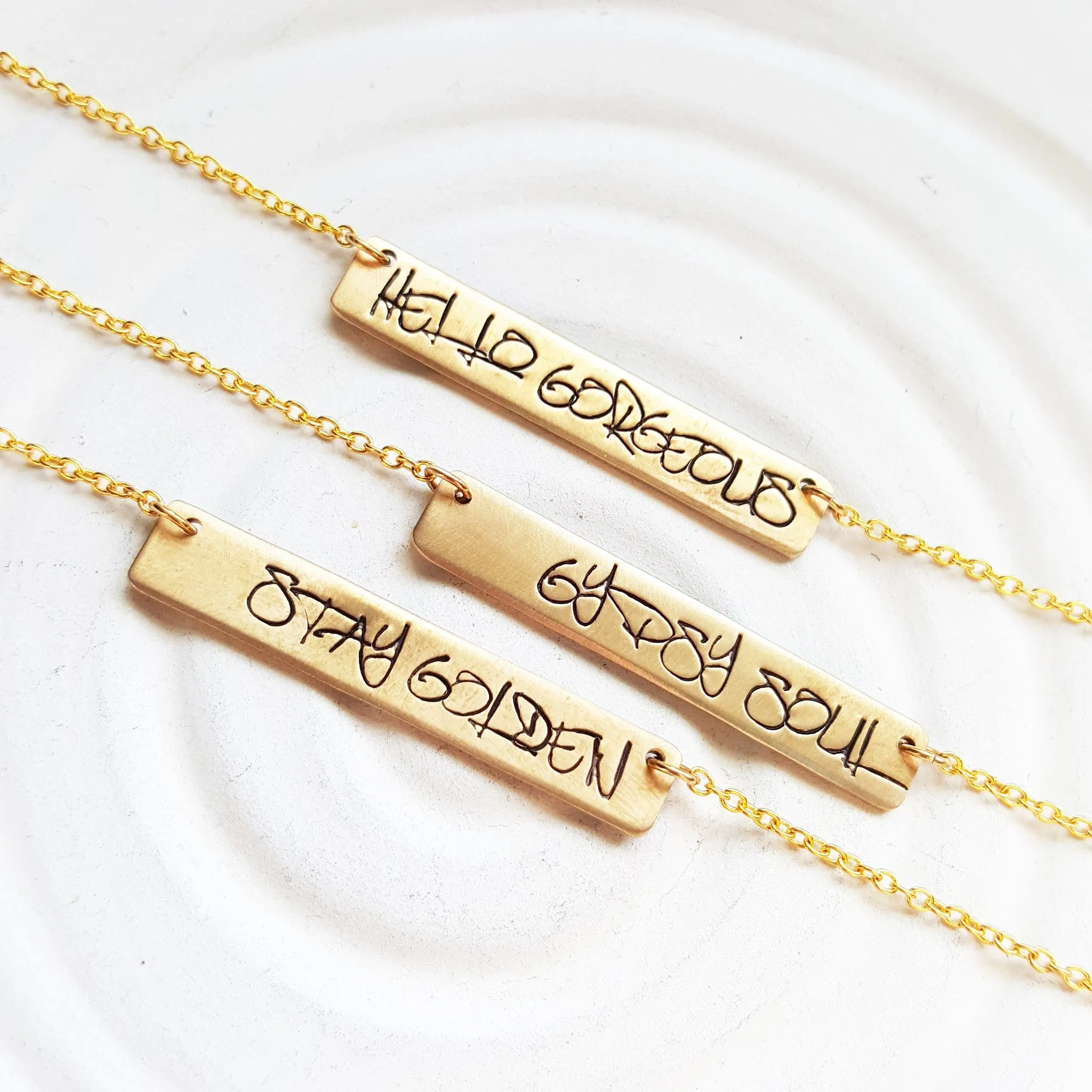 Gold Graffiti Bar Necklace | Custom Text | Golden Glow