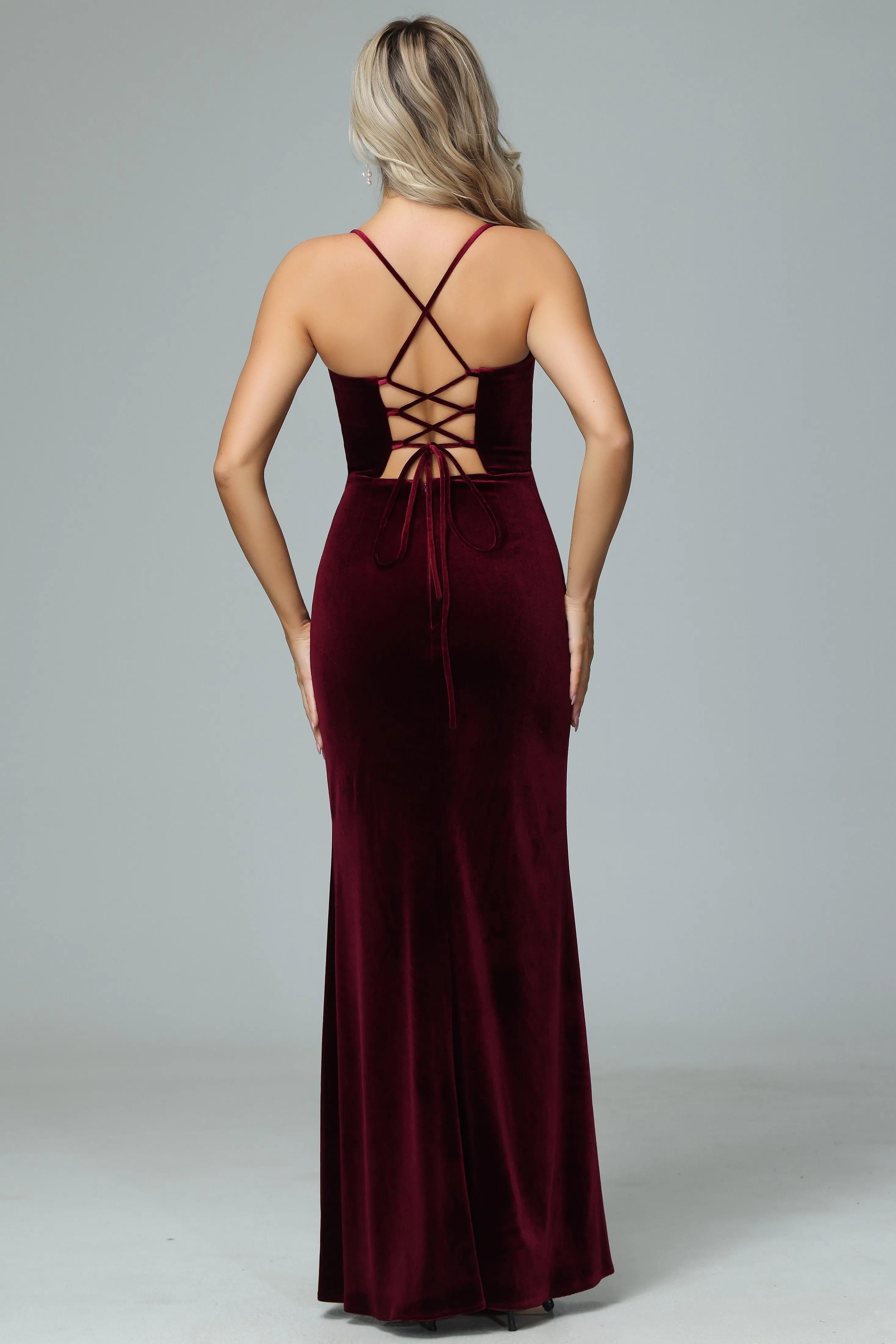 Gorgeous Burgundy Spaghetti Straps Velvet Wedding Guest Dresses