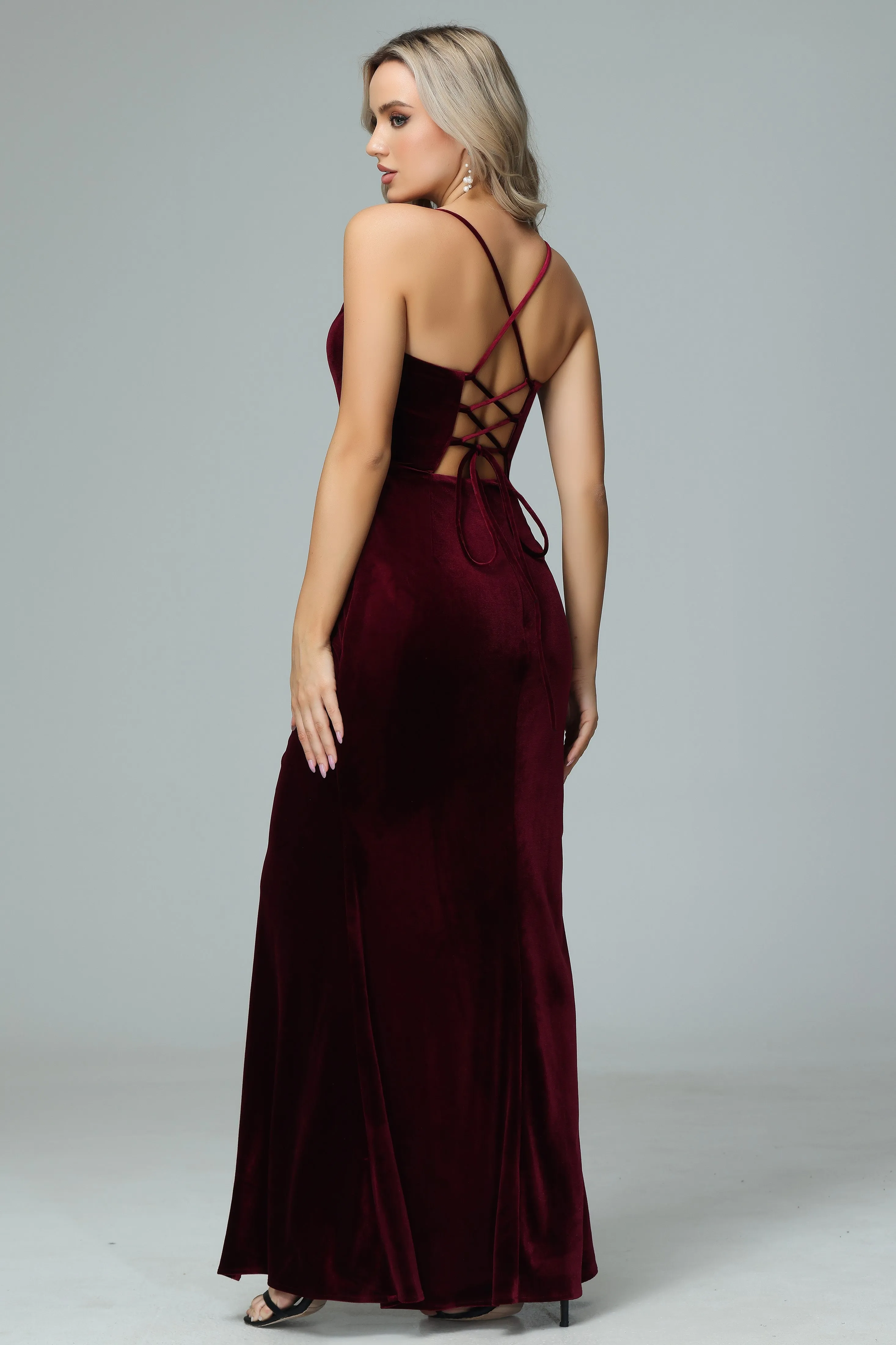 Gorgeous Burgundy Spaghetti Straps Velvet Wedding Guest Dresses