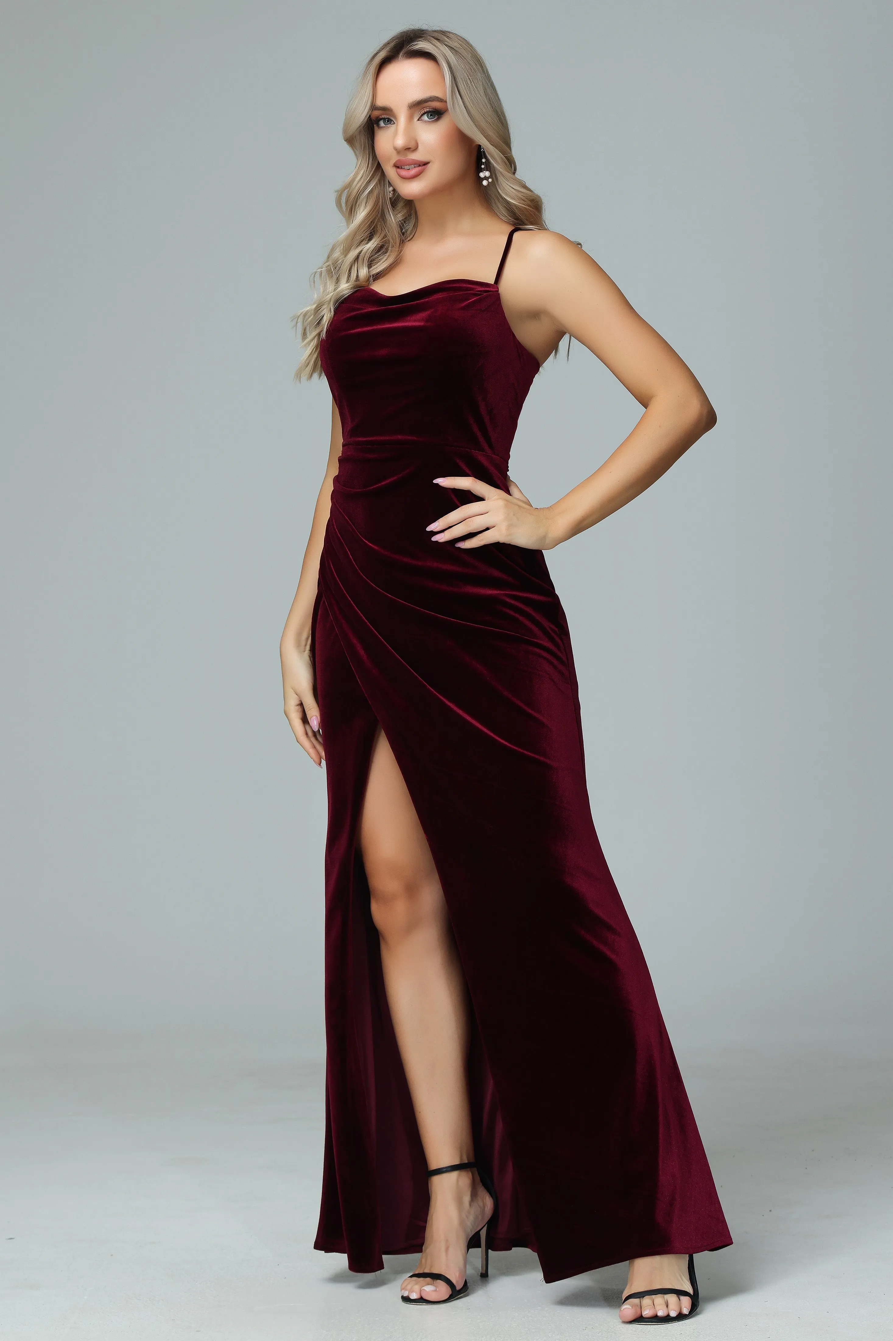 Gorgeous Burgundy Spaghetti Straps Velvet Wedding Guest Dresses