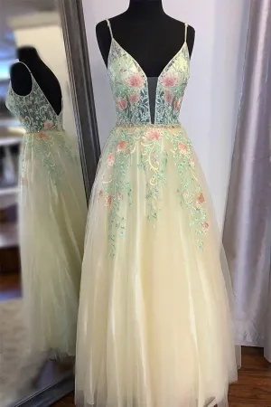 Gorgeous Straps A Line Floral Embroidered Long Prom Formal Dress