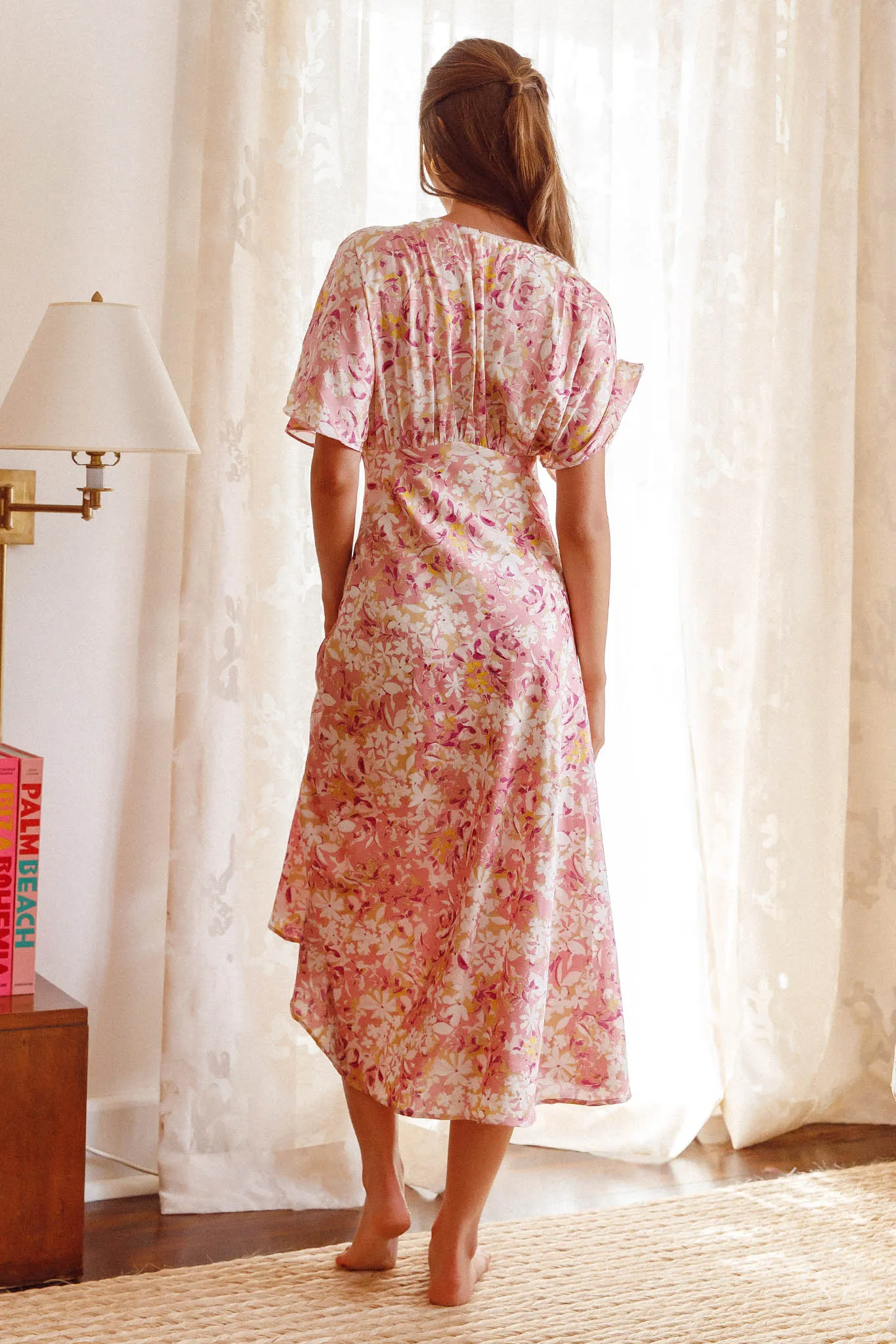 Graceful Batwing Sleeve Midi Dress Floral Pink