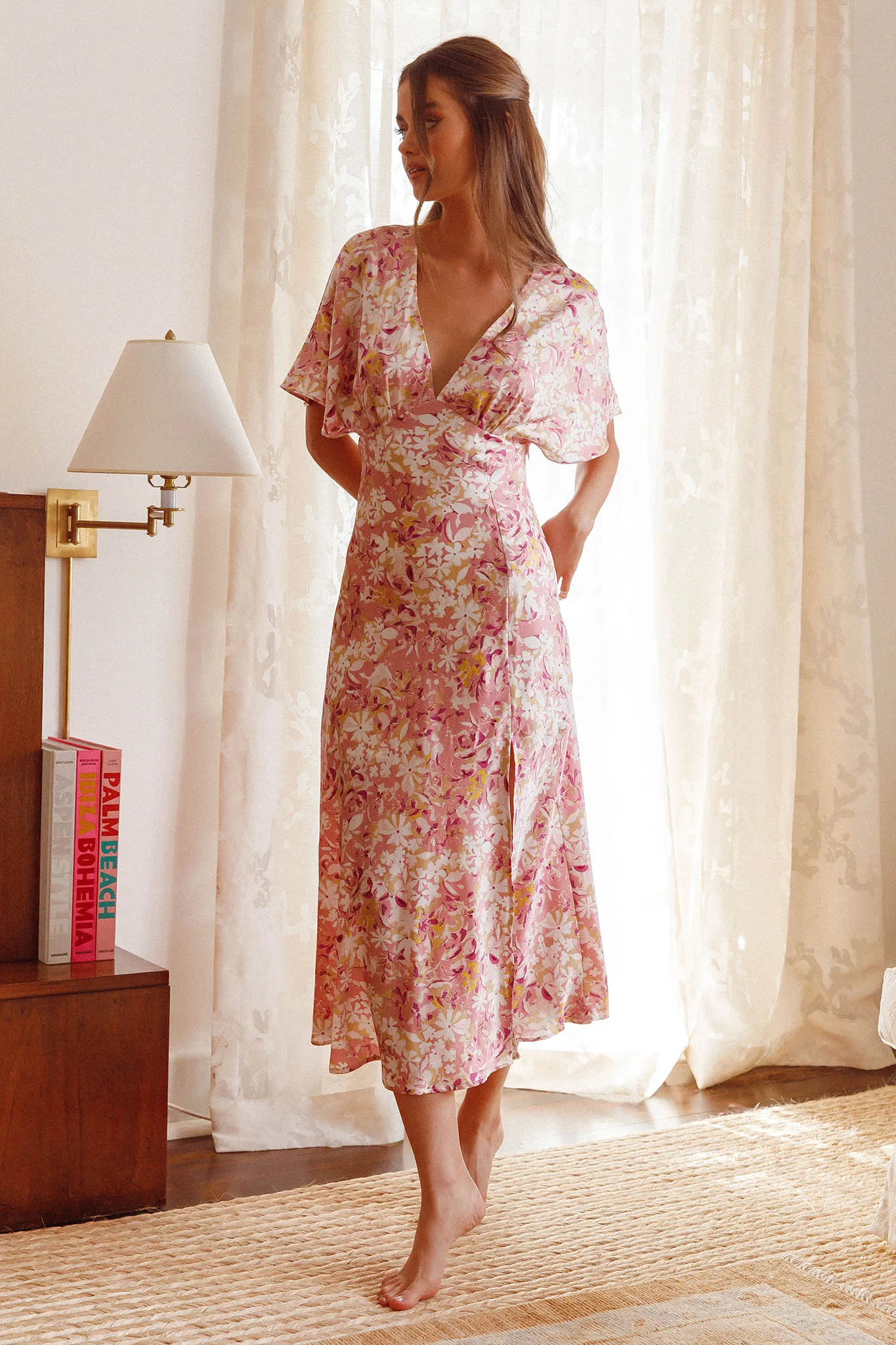 Graceful Batwing Sleeve Midi Dress Floral Pink