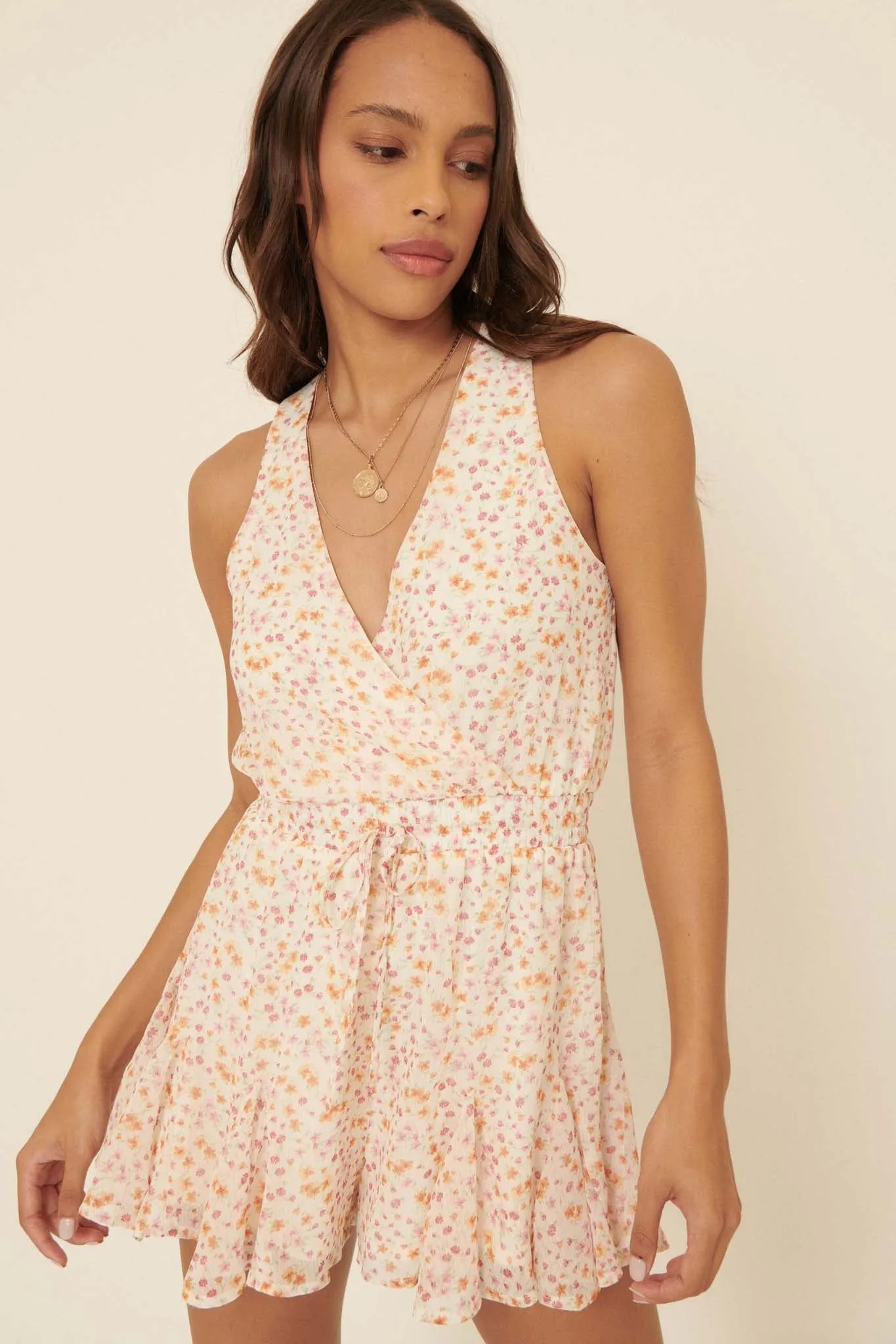 Graceful Blooms Floral Wide-Leg Surplice Romper