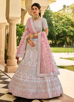 Graceful Light Grey Crepe Lehenga with Zari Work and Net Dupatta