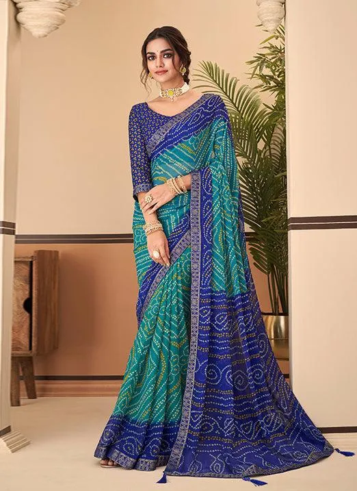 Graceful Sky Blue Bandhani Chiffon Saree