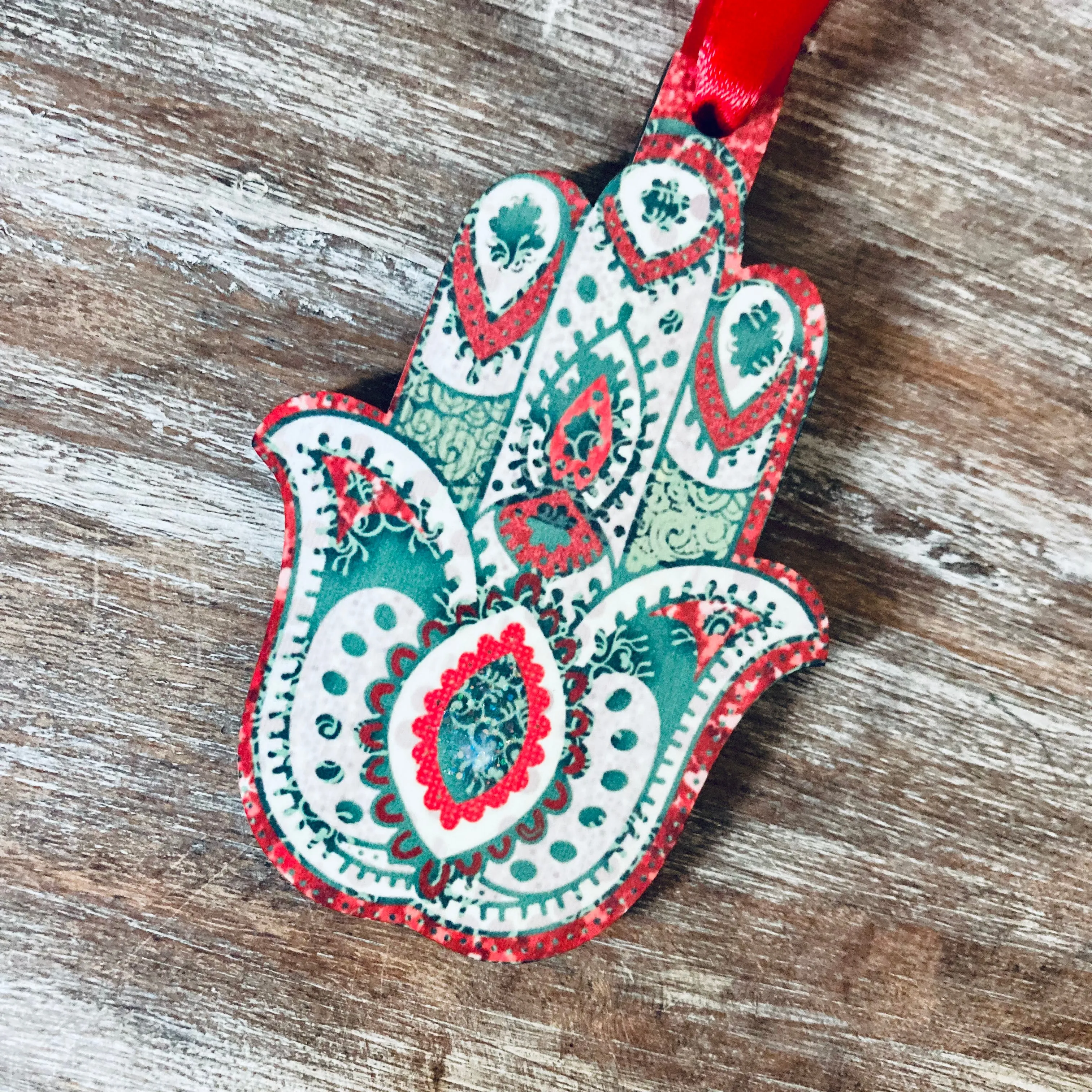 Green & Red Hamsa Wooden Decoration