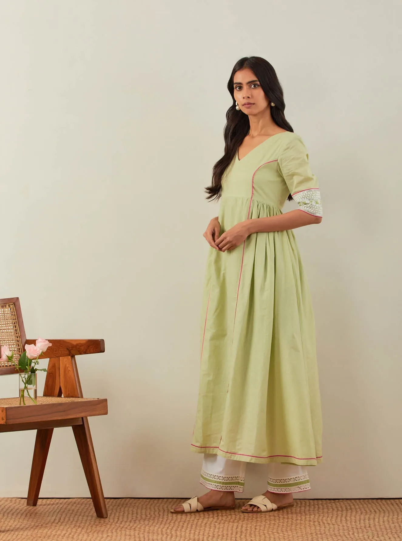 Green Plain Markab Anarkali Kurta With Chikankari Border and Palazzo with lace detail & Dupatta (Set of 3)