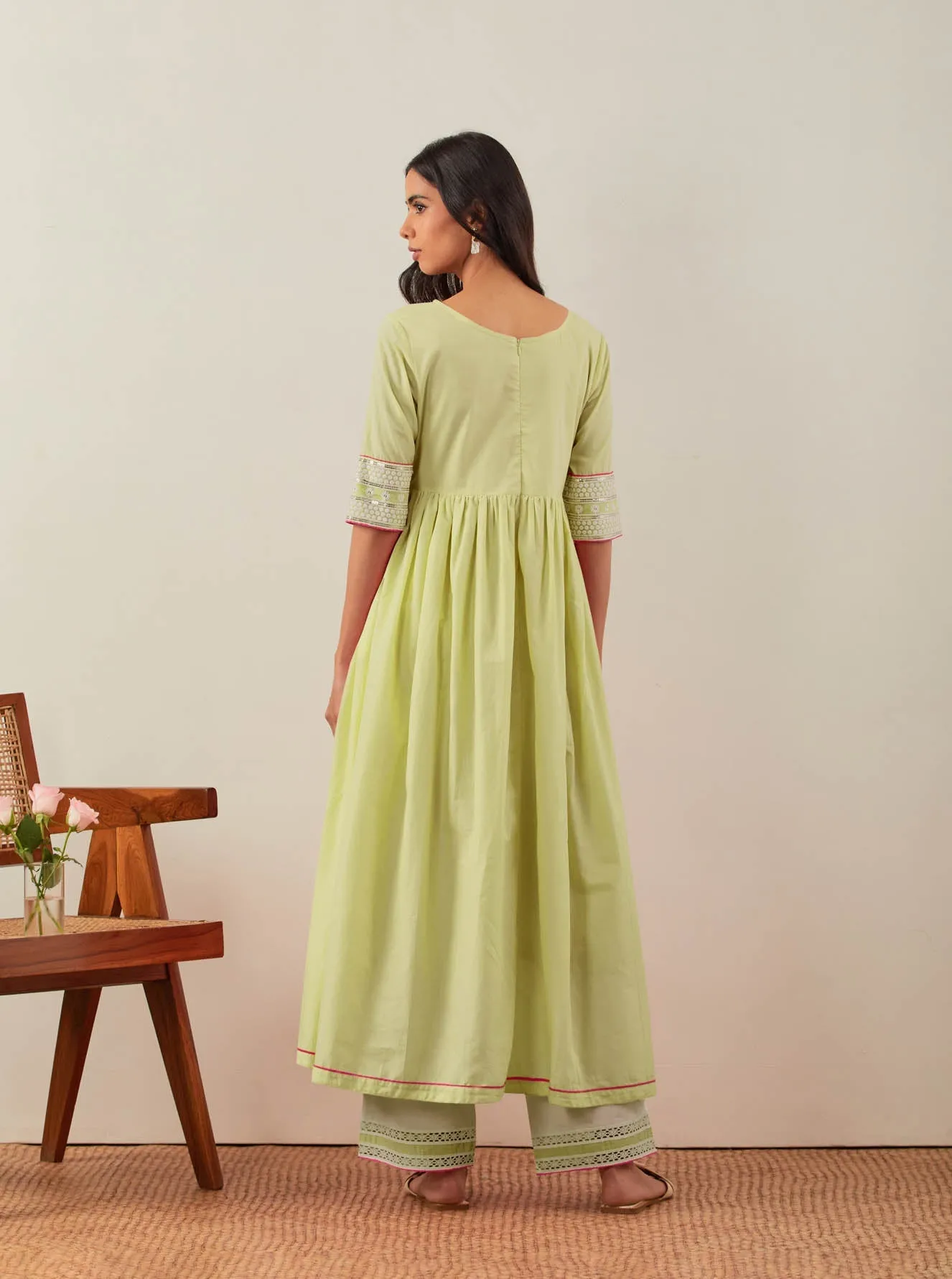 Green Plain Markab Anarkali Kurta With Chikankari Border and Palazzo with lace detail & Dupatta (Set of 3)