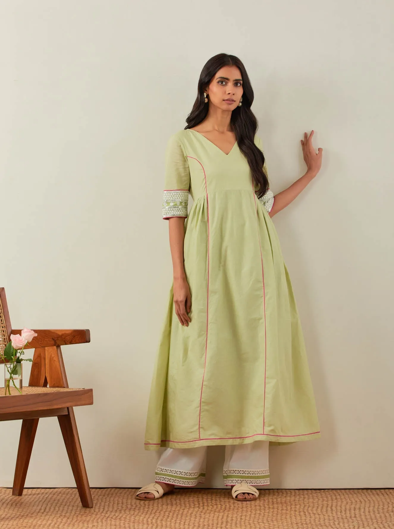 Green Plain Markab Anarkali Kurta With Chikankari Border and Palazzo with lace detail & Dupatta (Set of 3)