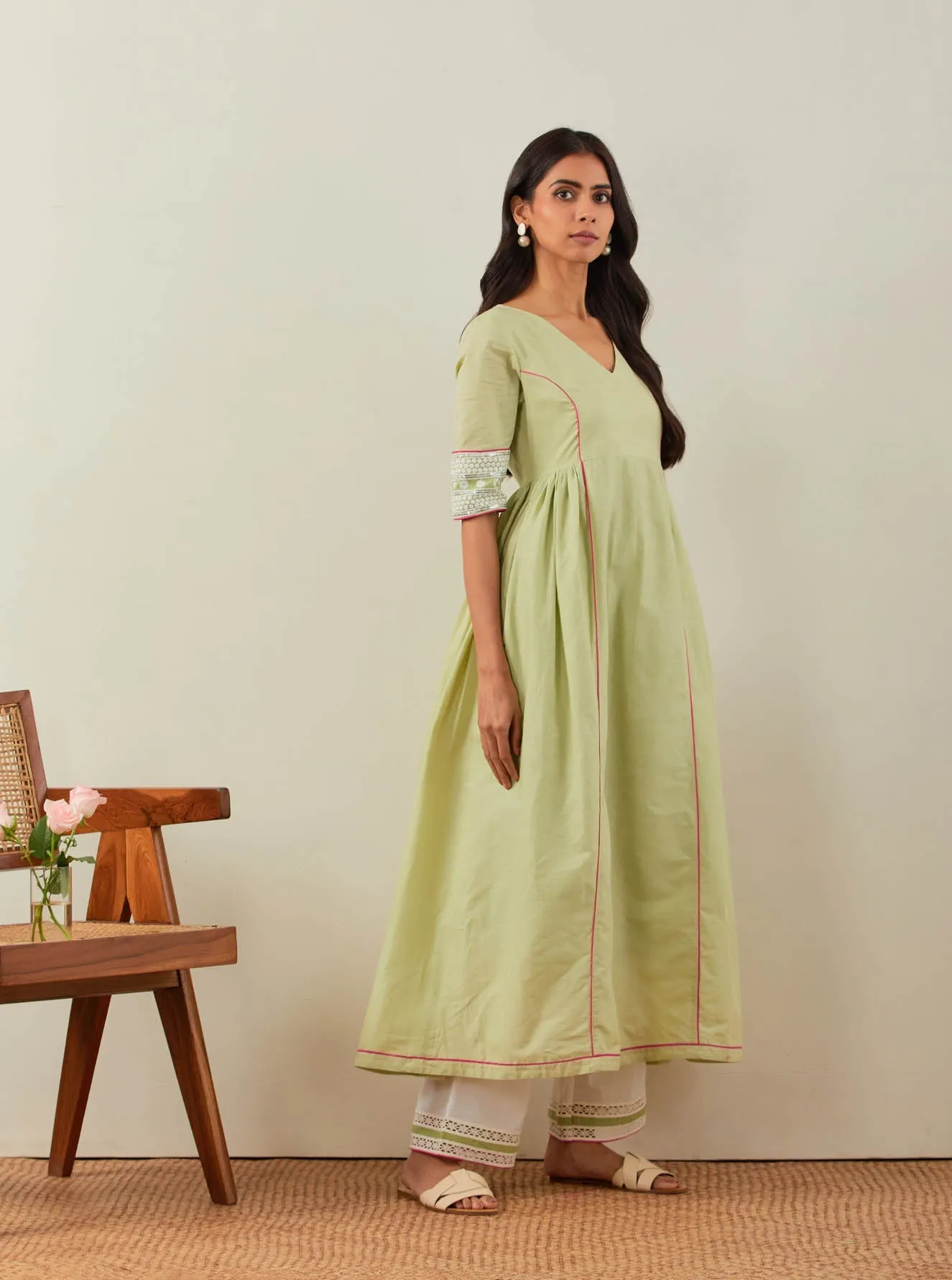 Green Plain Markab Anarkali Kurta With Chikankari Border and Palazzo with lace detail & Dupatta (Set of 3)