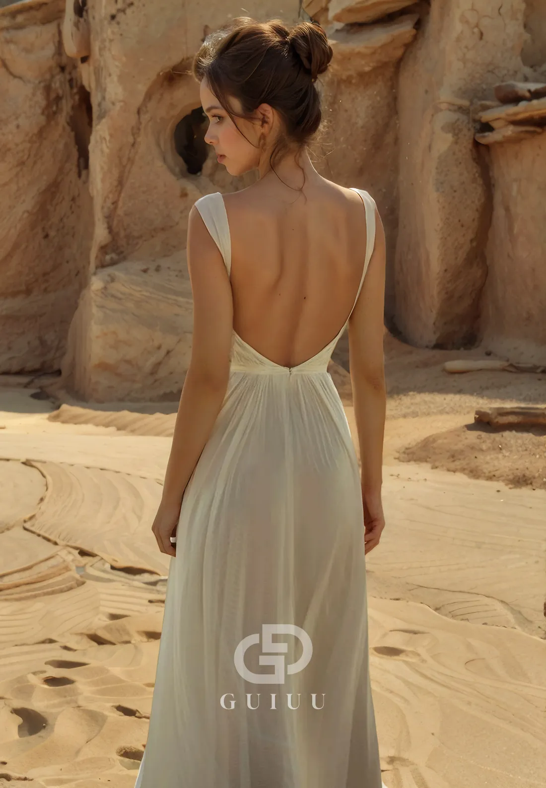 GW686 - Chic & Modern A-Line V-Neck Draped and Pleated Boho Wedding Dress with High Side Slit