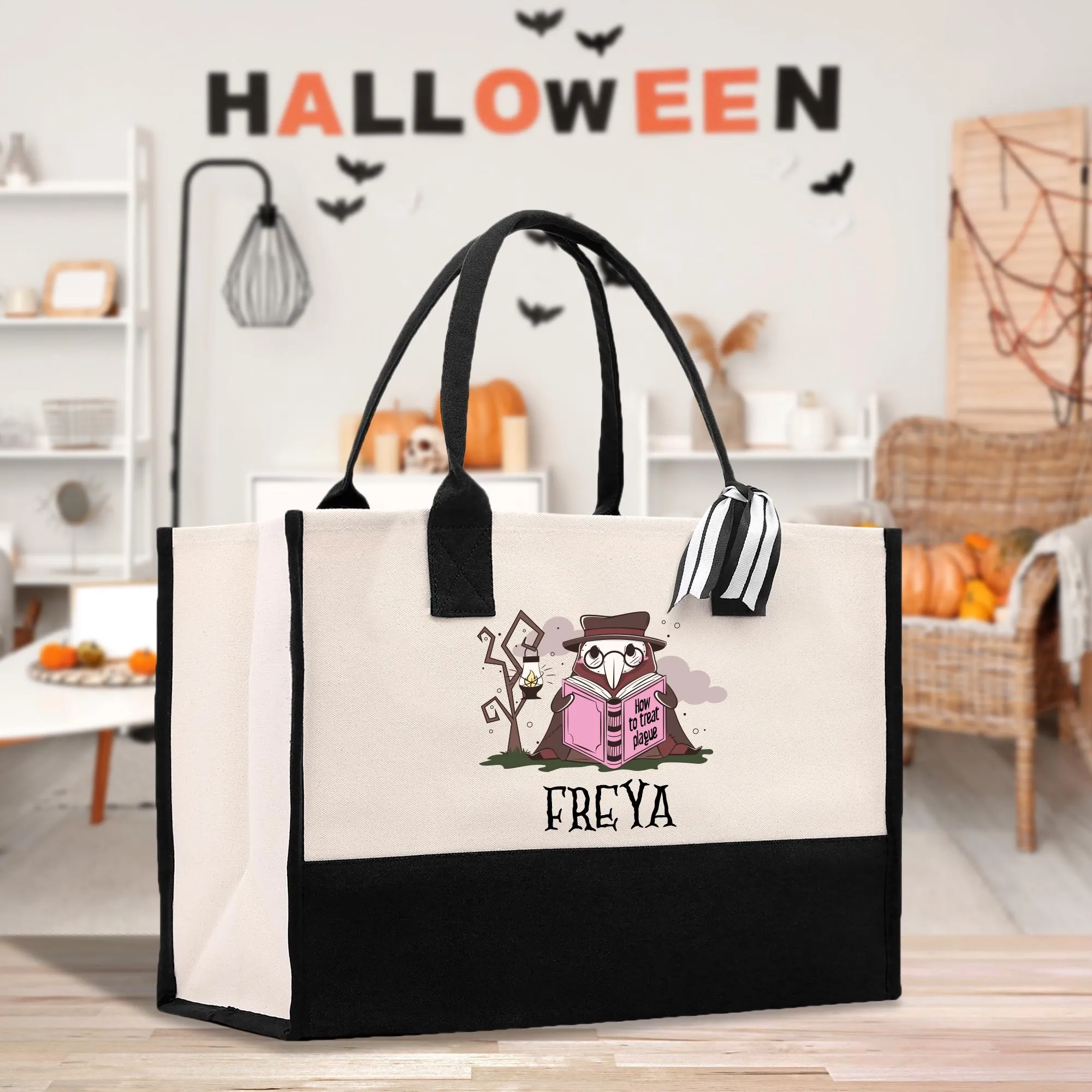 Halloween Trick or Treat Tote Bag Halloween Bag for Kids Halloween Gift Halloween Candy Bag Halloween Doodles Cute Canvas Tote Bag (HW1033)