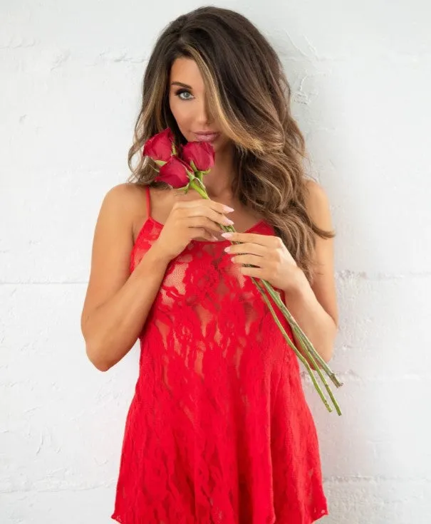 In My Dreams Rose Lace Chemise - O/S (Red)